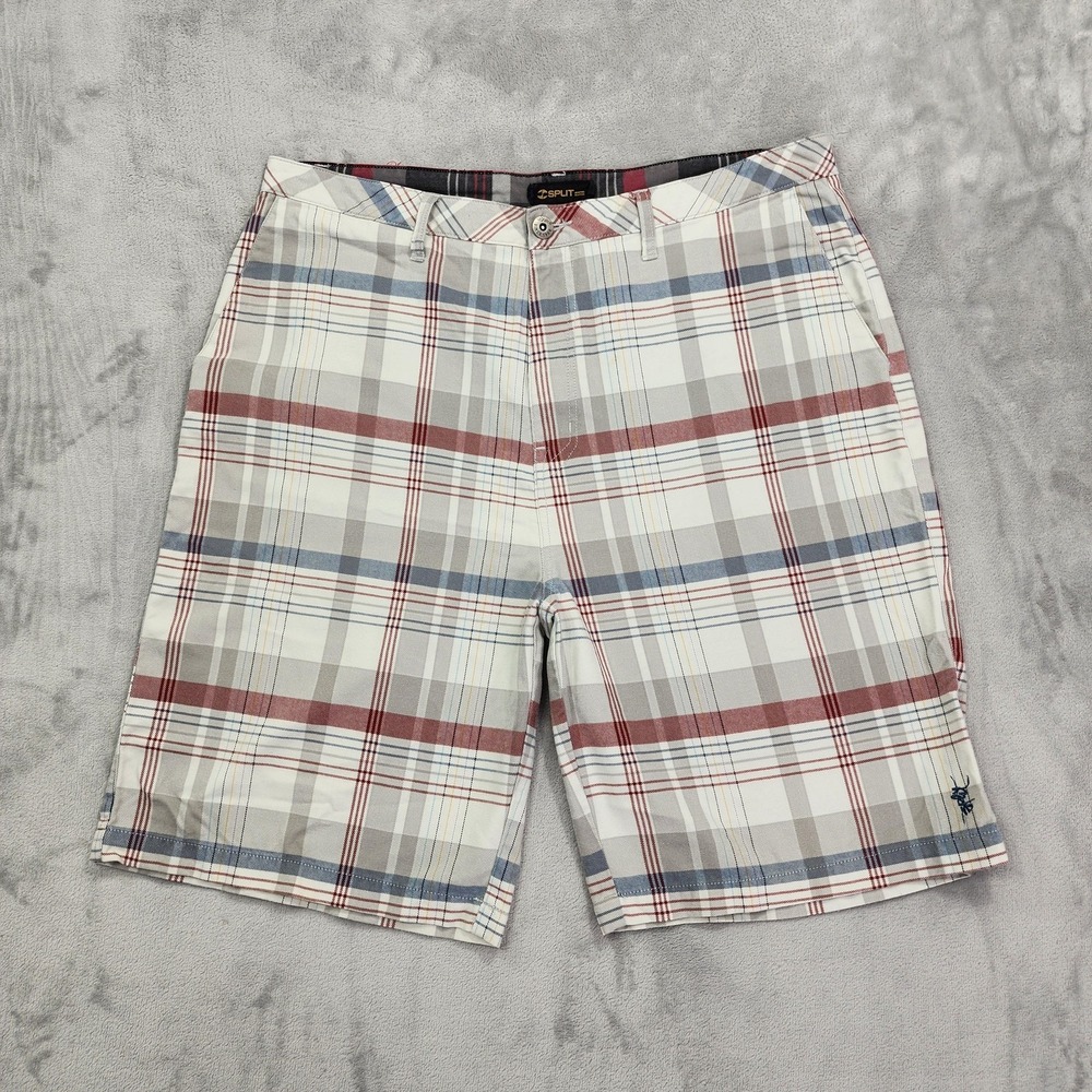 Vintage Split Shorts Mens 36 Red Blue Plaid Chino Flat Front Casual Skater Baggy